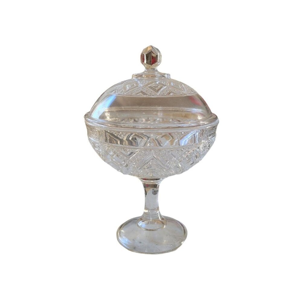 EAPG DIAMOND MEDALLION 9-1/2" ROUND FOOTED PEDESTAL COVERED CANDY DISH